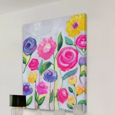 Marmont Hill 'flowers Grey' By Jill Lambert Print On Wrapped Canvas In Gray;yellow;pink