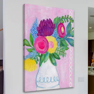 Marmont Hill 'flowers In Vase' By Jill Lambert Print On Wrapped Canvas In Green;beige;pink