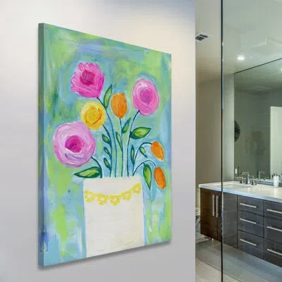 Marmont Hill 'flowers White Vase' By Jill Lambert Print On Wrapped Canvas In Blue;green;beige