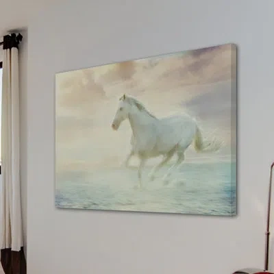 Marmont Hill 'galloping Through The Water' Painting Print On Wrapped Canvas In Blue;gray