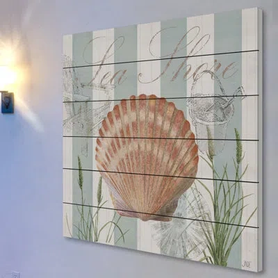 Marmont Hill "gold Shell" Print On White Wood In Brown;green;tan