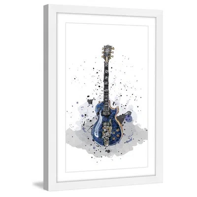 Marmont Hill 'guitare Bleue Sans Texte' By Marie Eve Pharand Framed Painting Print In Black;dark Blue;black;dark Blue