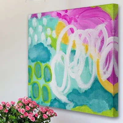 Marmont Hill 'happy Clouds' By Jill Lambert Painting Print On Wrapped Canvas In Blue;white;green;yellow;pink
