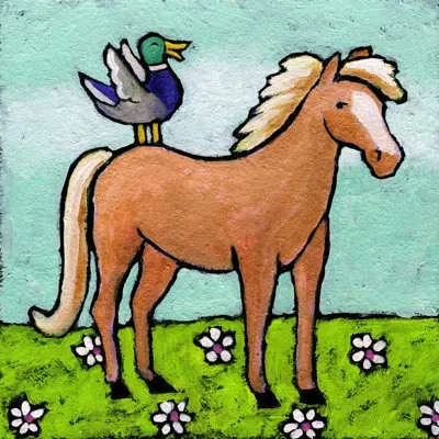 Marmont Hill 'horse With Laughing Duck' By Janet Nelson Painting Print On Wrapped Canvas In Brown;green;purple