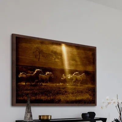 Marmont Hill "horses At Sunrise 2" Framed Print In White;gold