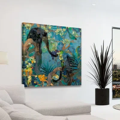 Marmont Hill 'jaguar And Green Parrots' By Evelia Painting Print On Wrapped Canvas In Blue;brown