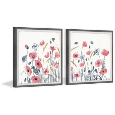 Marmont Hill Lovely Pink Poppies By  - 2 Piece Picture Frame Painting Set In Gray;red;yellow