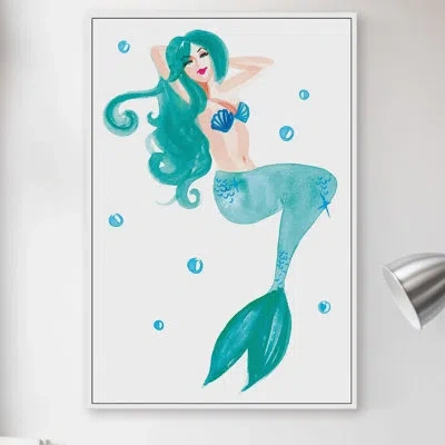 Marmont Hill 'mermaid' Floater Framed Watercolor Painting Print Wrapped On Canvas In Blue