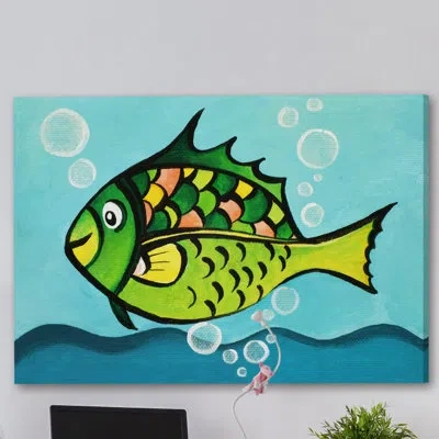 Marmont Hill 'one Fish' Print On Wrapped Canvas In Blue;green;yellow