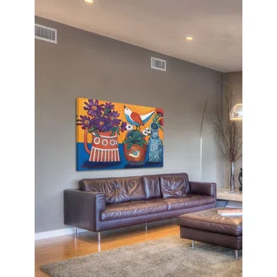 Marmont Hill 'orange And Blue Vases' By Holly Wojahn Painting Print On Wrapped Canvas In Blue;white;green;yellow;orange;purple