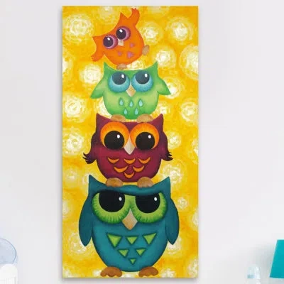 Marmont Hill 'owl Stack' Print On Wrapped Canvas In Blue;yellow