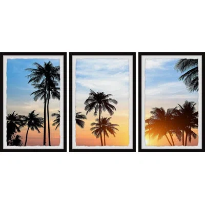 Marmont Hill Palm Trees Sunset By  - 3 Piece Picture Frame Photograph Set In Blue;pink