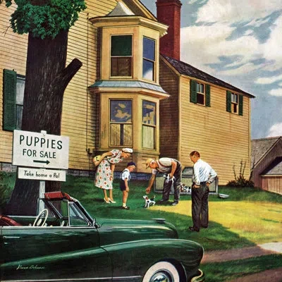 Marmont Hill Picking A Puppy By Stevan Dohanos Painting Print On Wrapped Canvas In Brown;green;yellow