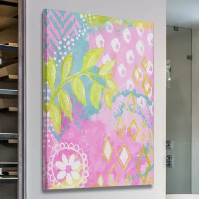 Marmont Hill 'pink Abstract Leaves' By Jill Lambert Painting Print On Wrapped Canvas In Blue;white;green;yellow;pink