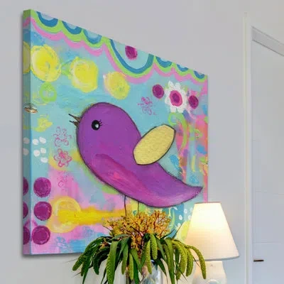 Marmont Hill 'purple Bird' By Jill Lambert Print On Wrapped Canvas In Blue;yellow;purple