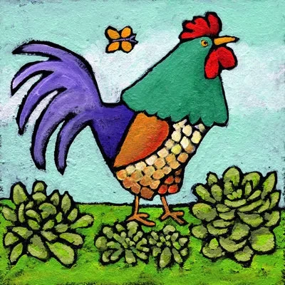 Marmont Hill 'rooster And Butterfly' By Janet Nelson Painting Print On Wrapped Canvas In Brown;green;purple