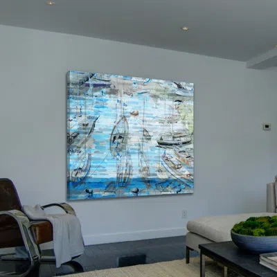 Marmont Hill 'sea Of Boats' Painting Print On Wrapped Canvas In Blue;white