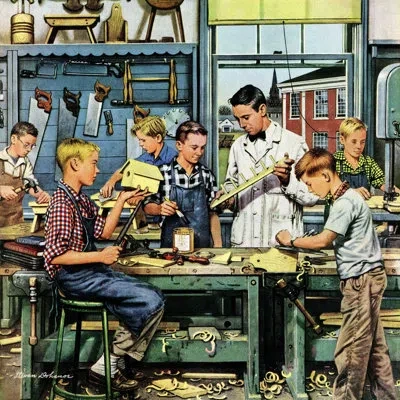 Marmont Hill Shop Class By Stevan Dohanos Painting Print On Wrapped Canvas In Blue;white;green;yellow