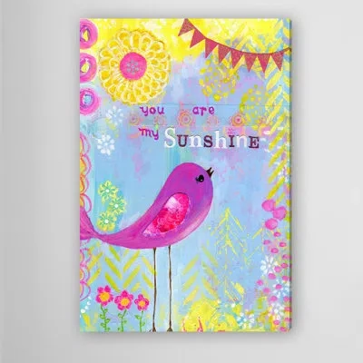 Marmont Hill 'sunshine Purple Bird' By Jill Lambert Print On Wrapped Canvas In Blue;yellow;pink