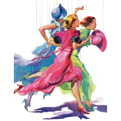 Marmont Hill Three Women Running From Rain Print On Wrapped Canvas In Blue;brown;green;yellow;pink;purple