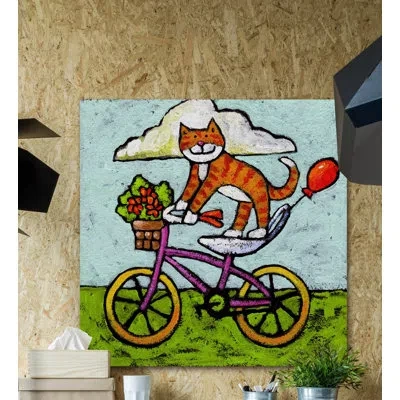Marmont Hill 'tiger Cat Bike Acrobat' By Janet Nelson Print On Wrapped Canvas In Green;red;yellow