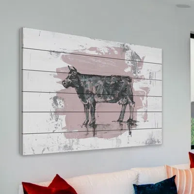 Marmont Hill '"tranquil Cow' Painting Print On White Wood In Gray;pink
