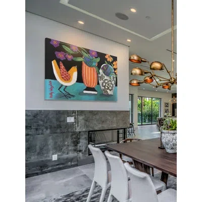 Marmont Hill 'two More Cheery Vases And A Chirp More' By Holly Wojahn Painting Print On Wrapped Canvas In Blue;black;white;green;gray;yellow;orang