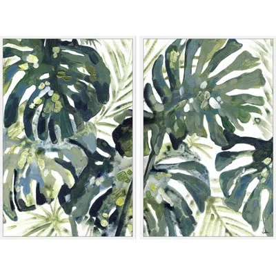 Marmont Hill Watercolor Leaf Ii By  - 2 Piece Floater Frame Painting Set On Canvas In Blue;black;green