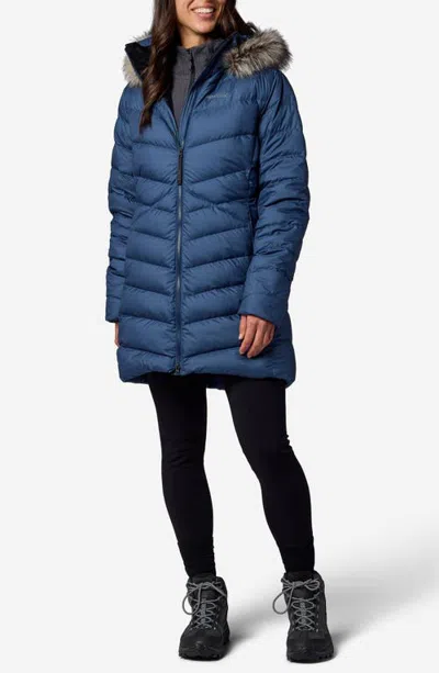 Marmot Emberous Water Repellent 700 Fill Power Down Coat With Faux Fur Trim In Blue