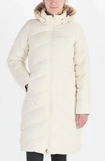 Marmot Montreaux 700 Fill Power Down Hooded Coat With Faux Fur Trim In Papyrus