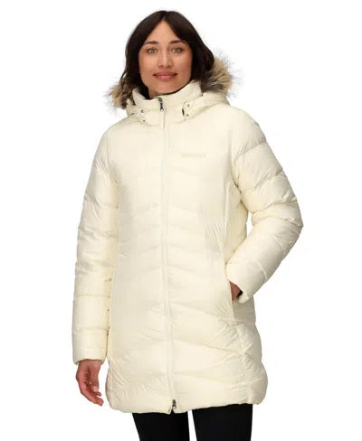 Marmot Montreaux 700 Fill Power Down Hooded Coat With Faux Fur Trim In Papyrus