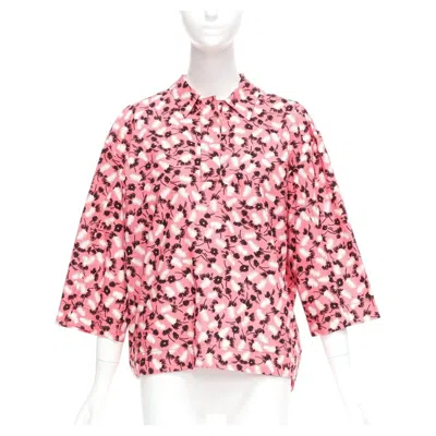 Pre-owned Marni 100% Cotton Pink Black White Feather Print Boxy Shirt It38 Xs