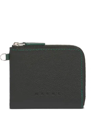 Marni Pebbled Saddle-stitches Wallet In Green