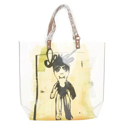 Pre-owned Marni 2010 Cristal Claude Puppet Print Leather Handles Clear Pvc Tote Bag In White