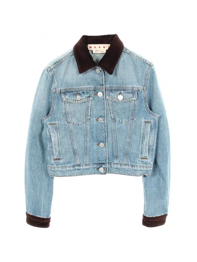 Pre-owned Marni 2010s Floral-appliqué Contrast-collar Denim Jacket In Blue