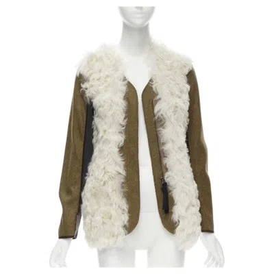 Pre-owned Marni 2011 Cream Lamb Shearling Fur Brown Wool Sleeves Winter Coat It38 Xs In White