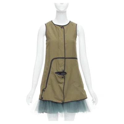 Pre-owned Marni 2011 Khaki Utility Cutout Vest Green Tulle Hem Mini Dress It36 Xxs