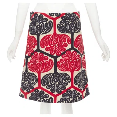 Pre-owned Marni 2011 Red Navy Cream Ethnic Print Cotton Aline Knee Skirt It38 Xs In White