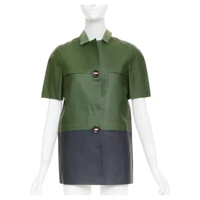 Pre-owned Marni 2012 Green Navy Calf Leather Geometric Buttons Round Sleeve Coat It38 Xs