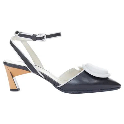Pre-owned Marni 2018 Black Leather Oversized Button Piping Block Heel Slingback Pumps Eu37