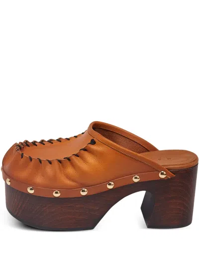 Pre-owned Marni 80mm Leather Studded Platform Clogs In Brown