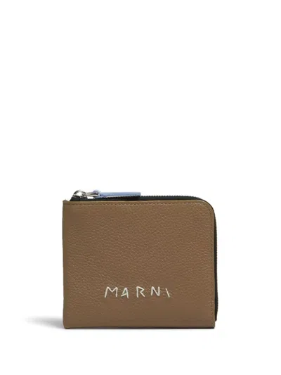 Marni Embroidered-logo Leather Wallet In ブラウン