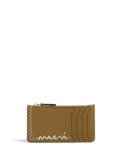 Marni Logo-embroidered Leather Card Case In グリーン