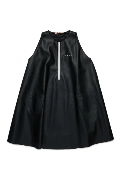 Marni Kids' Abito Corto Svasato In Tessuto Spalmato In Black