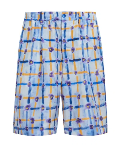 MARNI LIGHT BLUE HABOTAI SILK DRAWSTRING SHORTS WITH SARABAND PRINT