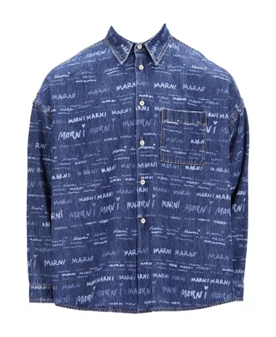 Marni Allover Logo Printed Denim Shirt In Blue