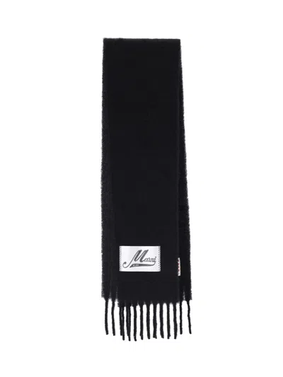Marni Alpaca Blend Scarf With Fringed Edges And Logo Detail In Black