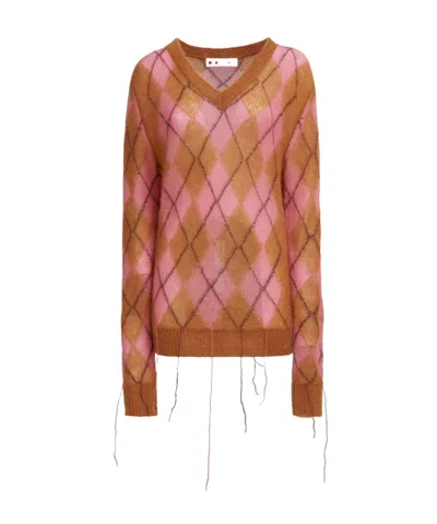 MARNI MARNI ARGYLE CHECK-PATTERN DISTRESSED KNITTED JUMPER