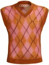 Marni Brown Mohair Argyle Vest With Floating Threads In Pink