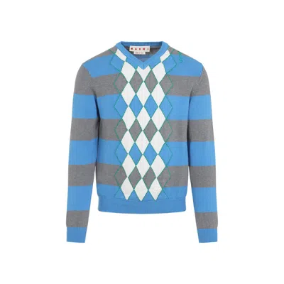Marni Blue Stripe Sweater With Argyle Motif In Multi